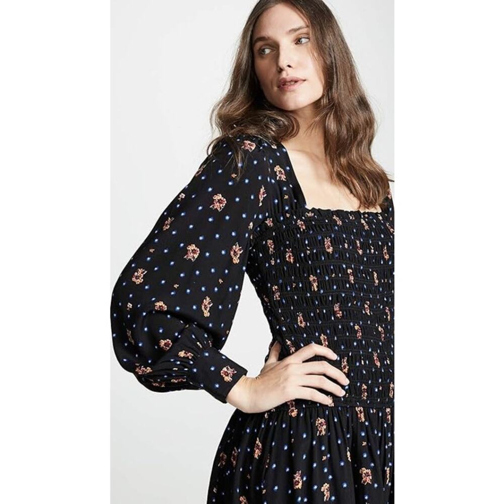Free People Two Faces Mini Dress Black Floral Smocked Long Sleeve Size S - Picture 3 of 11